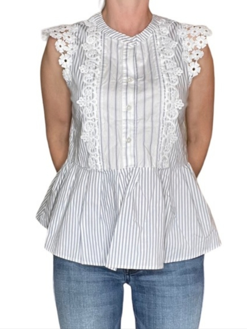 Maison Cinqcent Floral Lace Trim Cotton Cap Sleeve Blouse - Picture 9 of 10